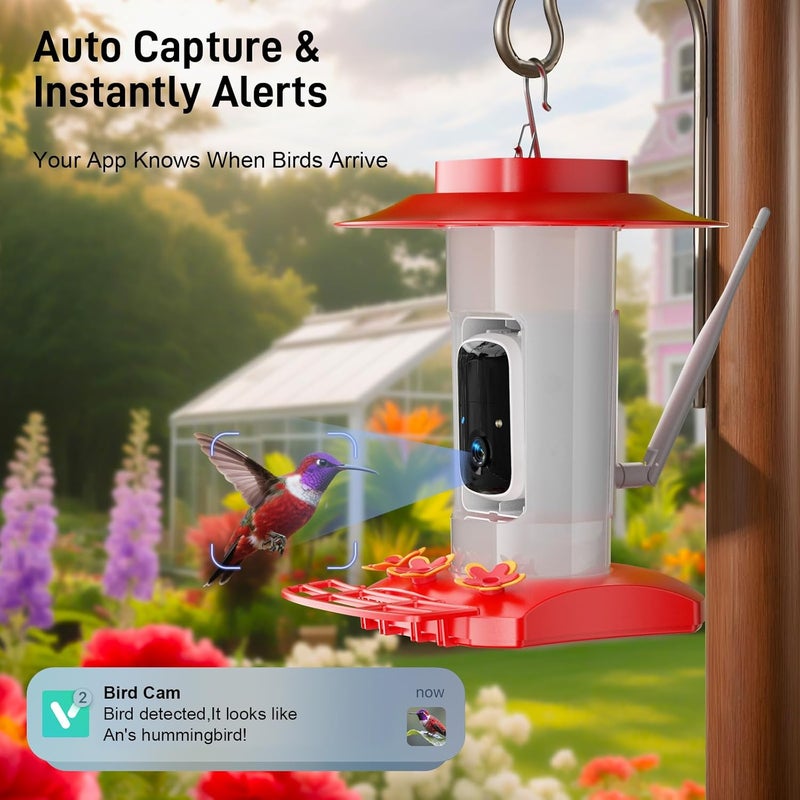SV3C Hummingbird Feeder with Camera Outdoor, Hanging Bird Feeder with Ant Moat & Bee-Proof, HD 2K Solar Powered, AI Bird Identify, Instant App Alerts, Auto Capture, Hummingbird Lover Gifts, 21oz, Red - Image 3